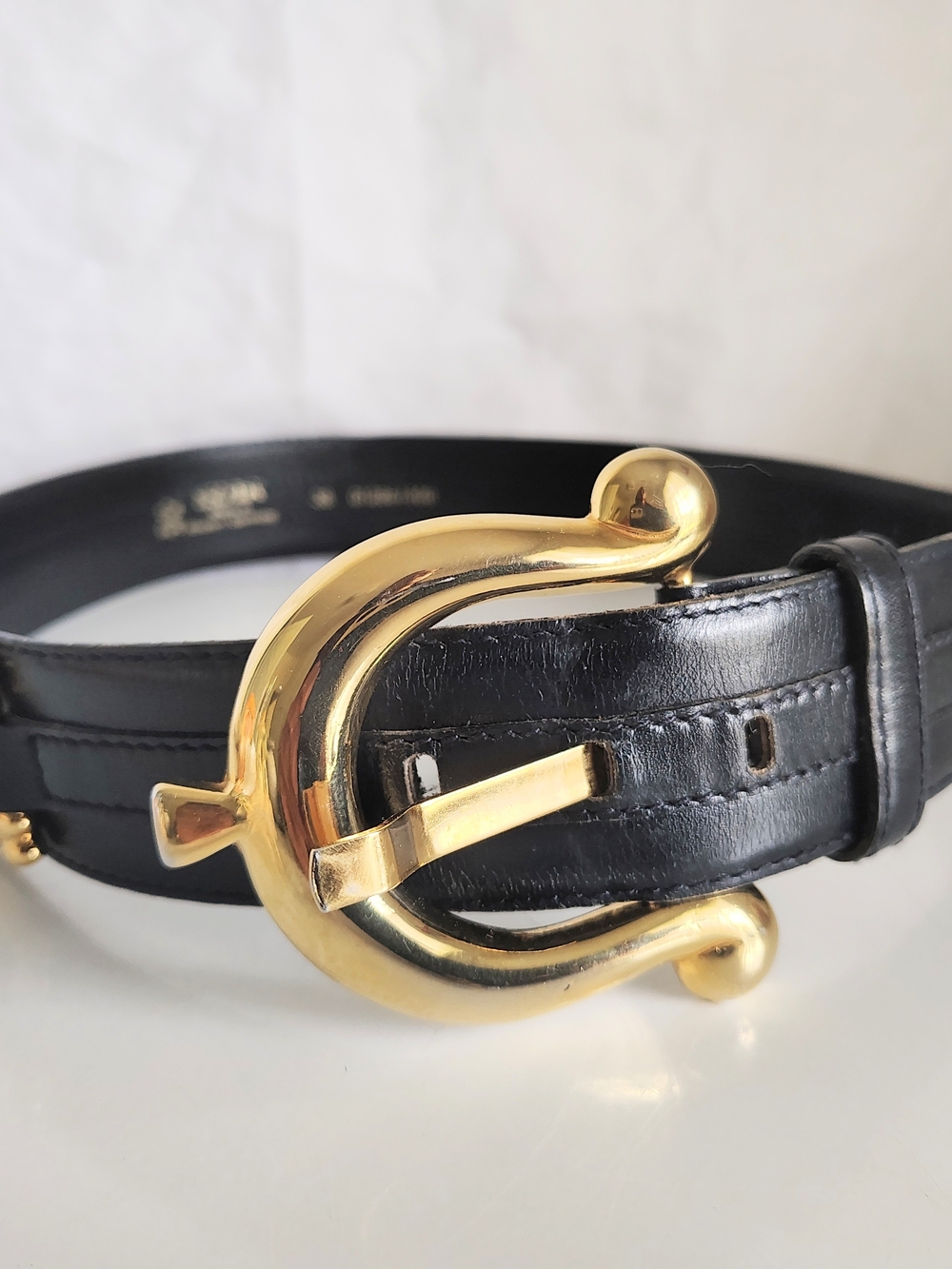 Escada Black Leather Belt with Gold Sculptural Horsebit Buckle 38 Inches